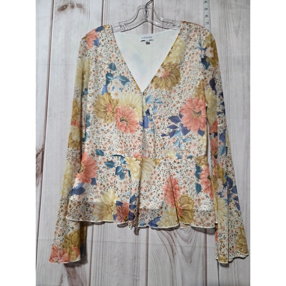 Luxology Womens L Sheer Mesh Floral Print Bell Sleeve Peplum Blouse Cottagecore